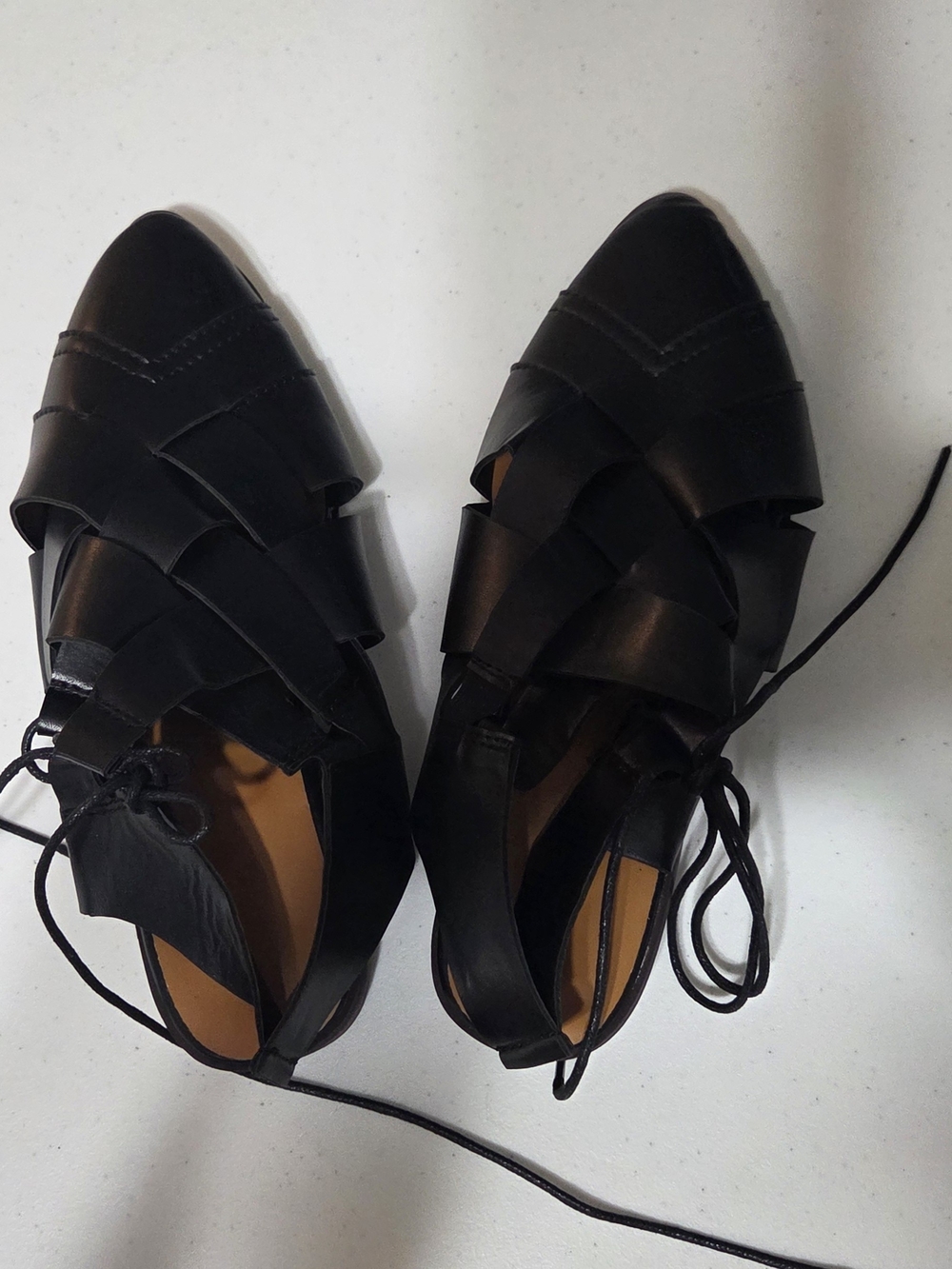 Women's Black Lace-Up Woven Leather Flats